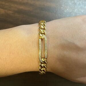 Gold plated stainless steel link rhinestone bangle bracelet